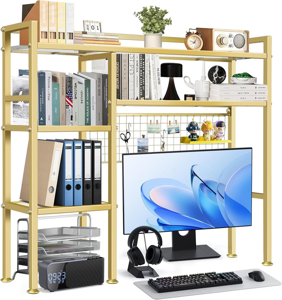 37.5" Gold Metal Desk Hutch Shelf | 4-Tier Desktop Organizer Rack for Monitor