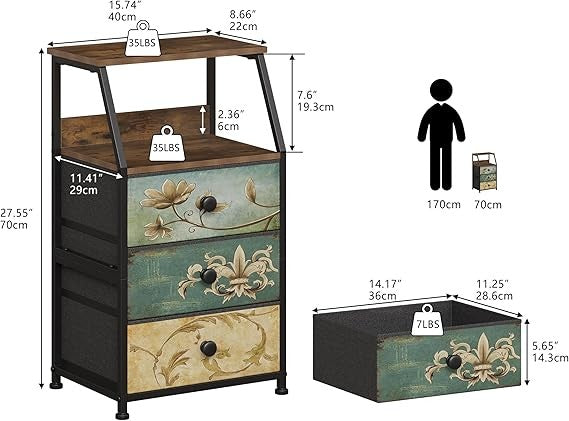 Vintage 3-Drawer Bedside Table with Open Shelf Storage | Rustic Metal Frame