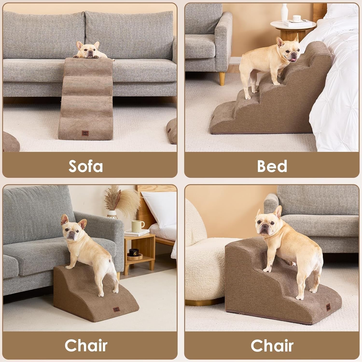 2 Step Dog Stairs for Sofa Non Slip Foam Pet Steps Washable Camel