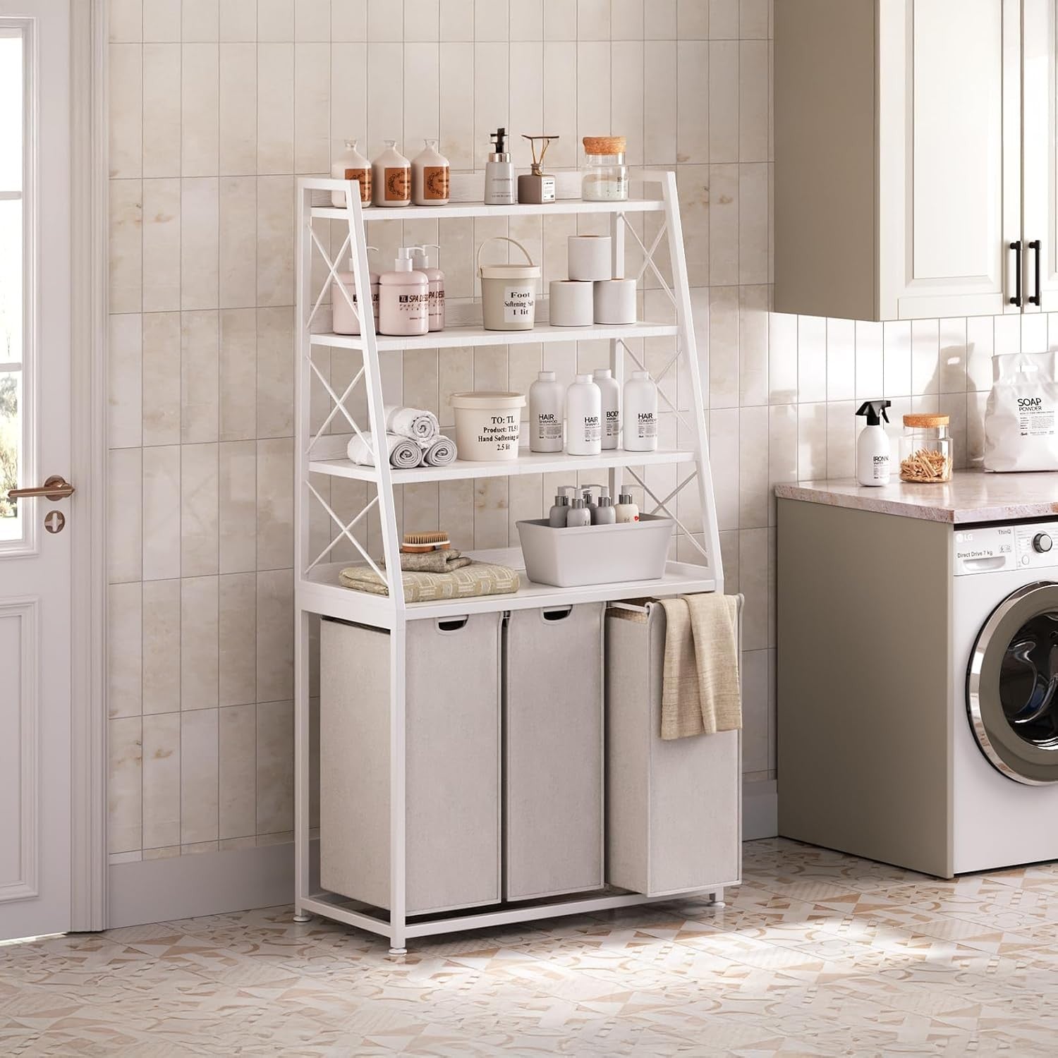 White 3 Section Laundry Hamper with 4 Tier Shelf Removable Bags & Wheels Unit