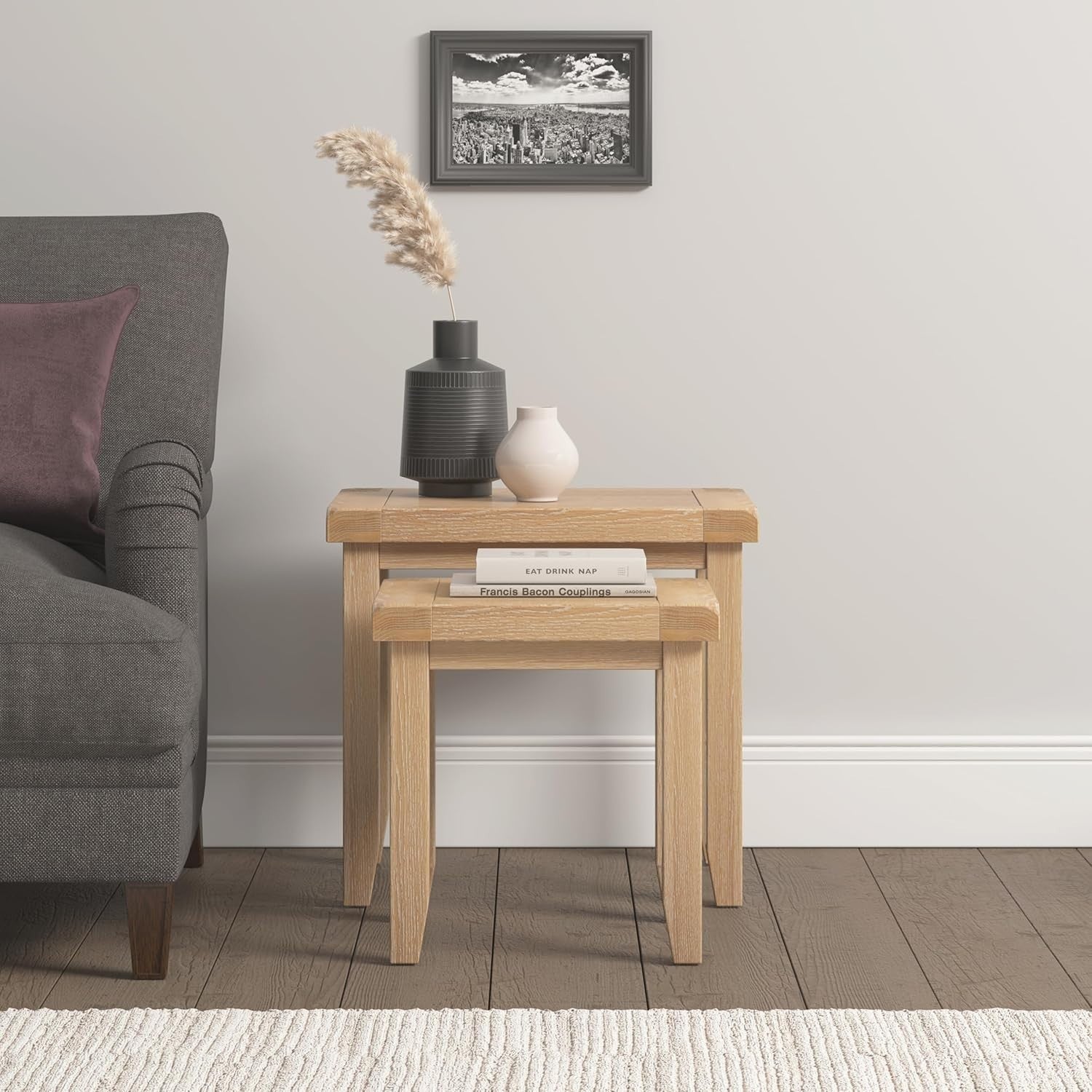 Nest of 2 Side Tables Coffee Table Set Oak Top Farmhouse Style Natural Wood