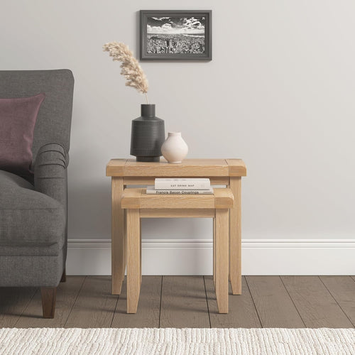 Nest of 2 Side Tables Coffee Table Set Oak Top Farmhouse Style Natural Wood
