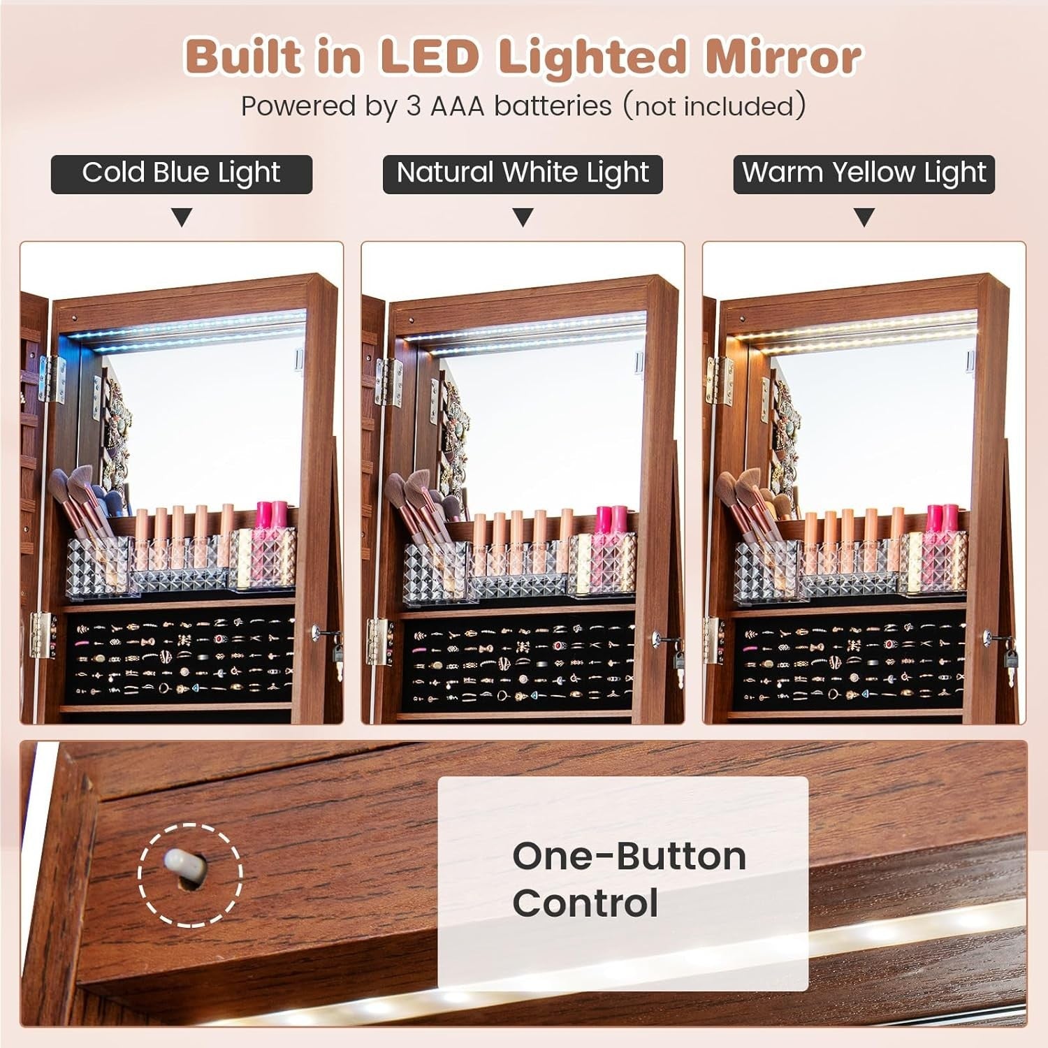 Brown Swivel Jewelry Cabinet LED Mirror Lockable Storage with Wheels