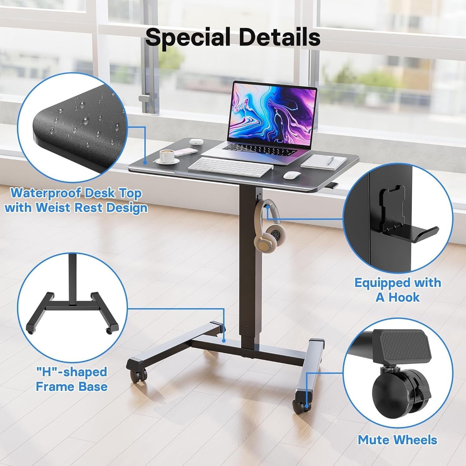Mobile Standing Desk Height Adjustable Laptop Desk with Wheels 65x45cm Black