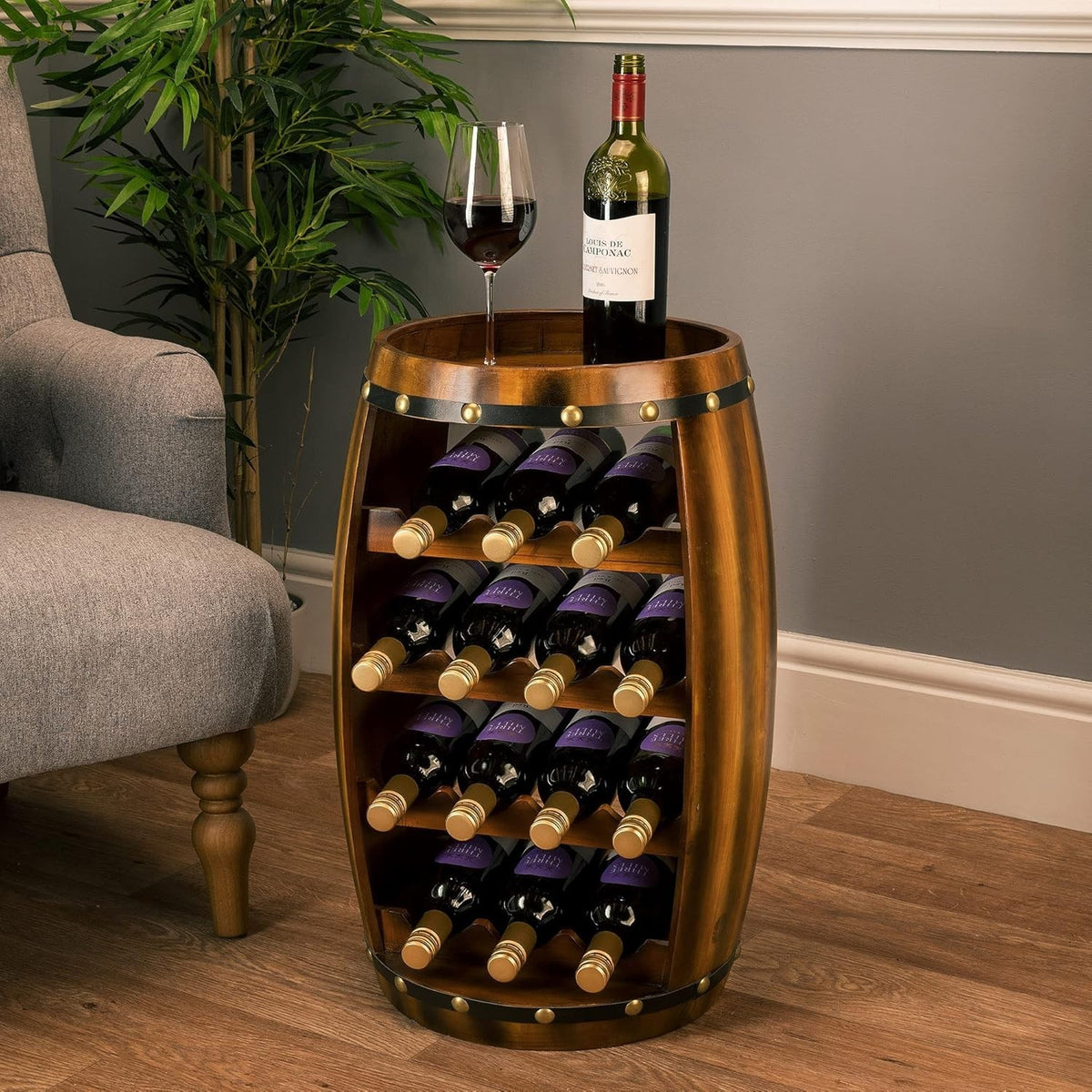 Oak Effect Barrel Wine Rack 14 Bottle Freestanding Storage Cabinet