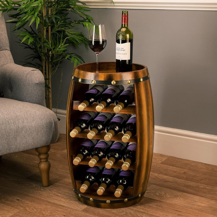 Oak Effect Barrel Wine Rack 14 Bottle Freestanding Storage Cabinet