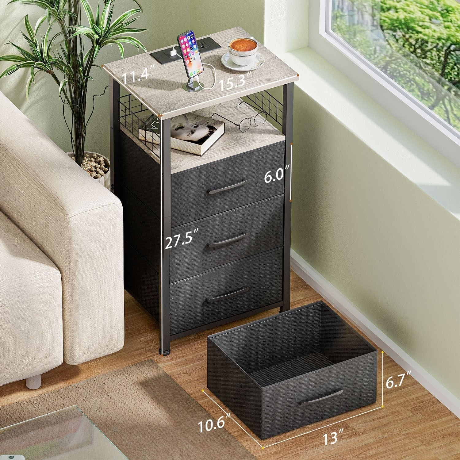 Modern LED Bedside Tables with 3 Drawers & USB Charging – Set of 2, Grey