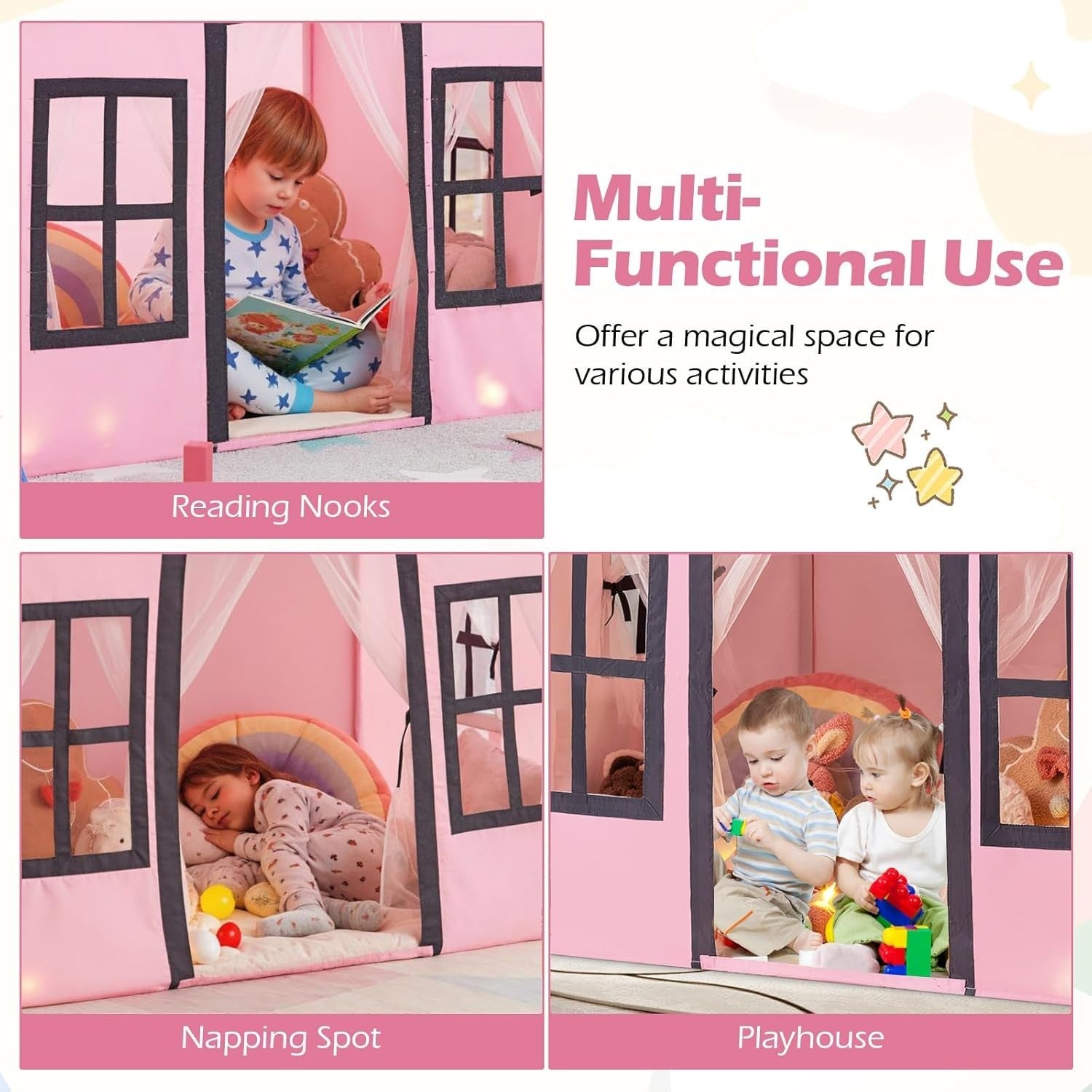 Pink Fairy Castle Kids Play Tent Indoor Large Star Light Playhouse
