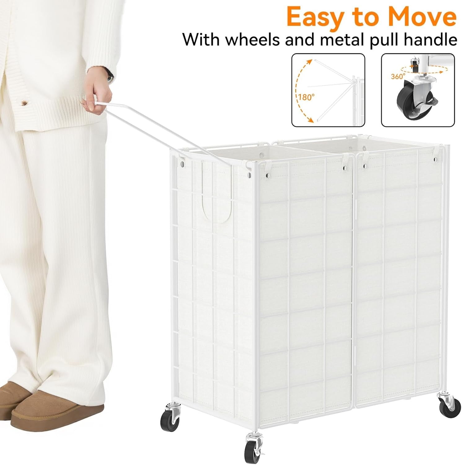 120L Double Rolling Laundry Hamper White Metal Frame with 2 Removable Bags