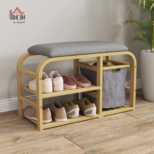 Natural Bamboo Shoe Storage Bench with Cushion & Basket 2 Shelves Entryway