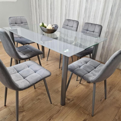 Glass Dining Table Set with 6 Grey Velvet Chairs Modern Kitchen 140cm