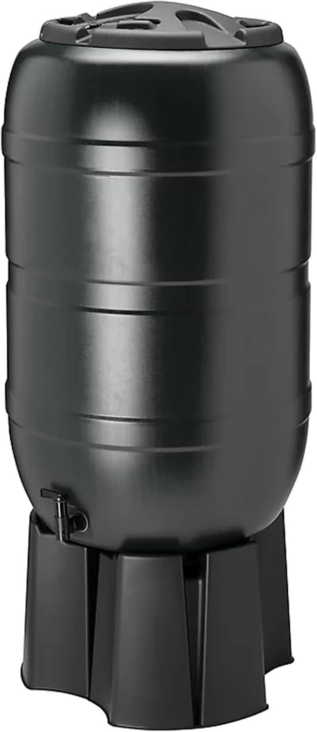 100L Slim Line Garden Water Butt With Tap Stand & Filler Kit Black