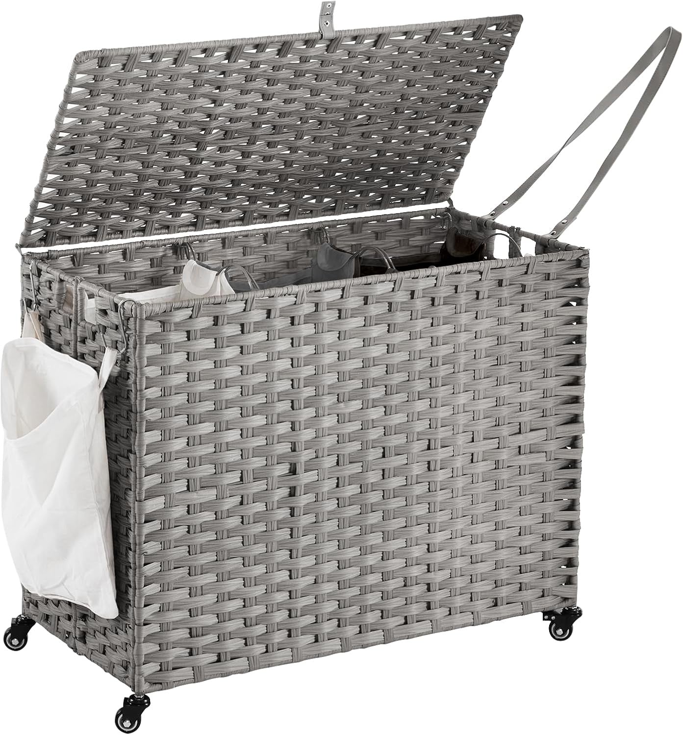 200L Rolling Wicker Laundry Hamper with Lid | 3 Removable Bags & Side Pocket | L