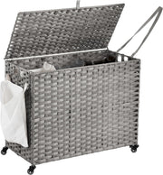 200L Rolling Wicker Laundry Hamper with Lid | 3 Removable Bags & Side Pocket | L