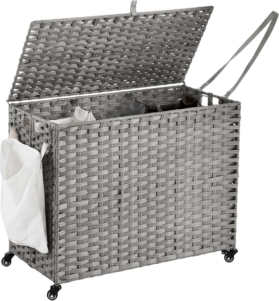 200L Rolling Wicker Laundry Hamper with Lid | 3 Removable Bags & Side Pocket | L