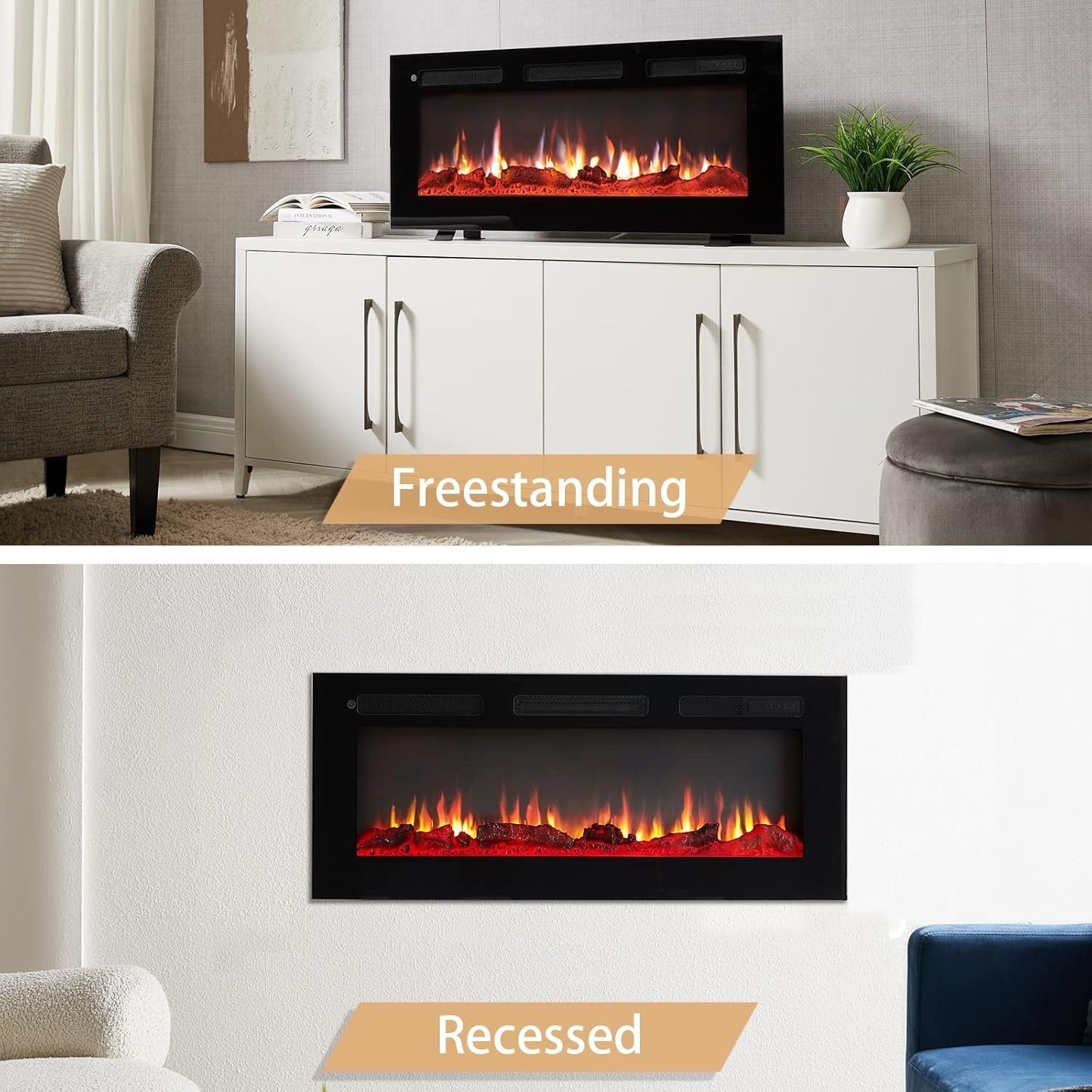 Wall-Mounted 40" Electric Fireplace Heater with 9 Flame Colors & Remote