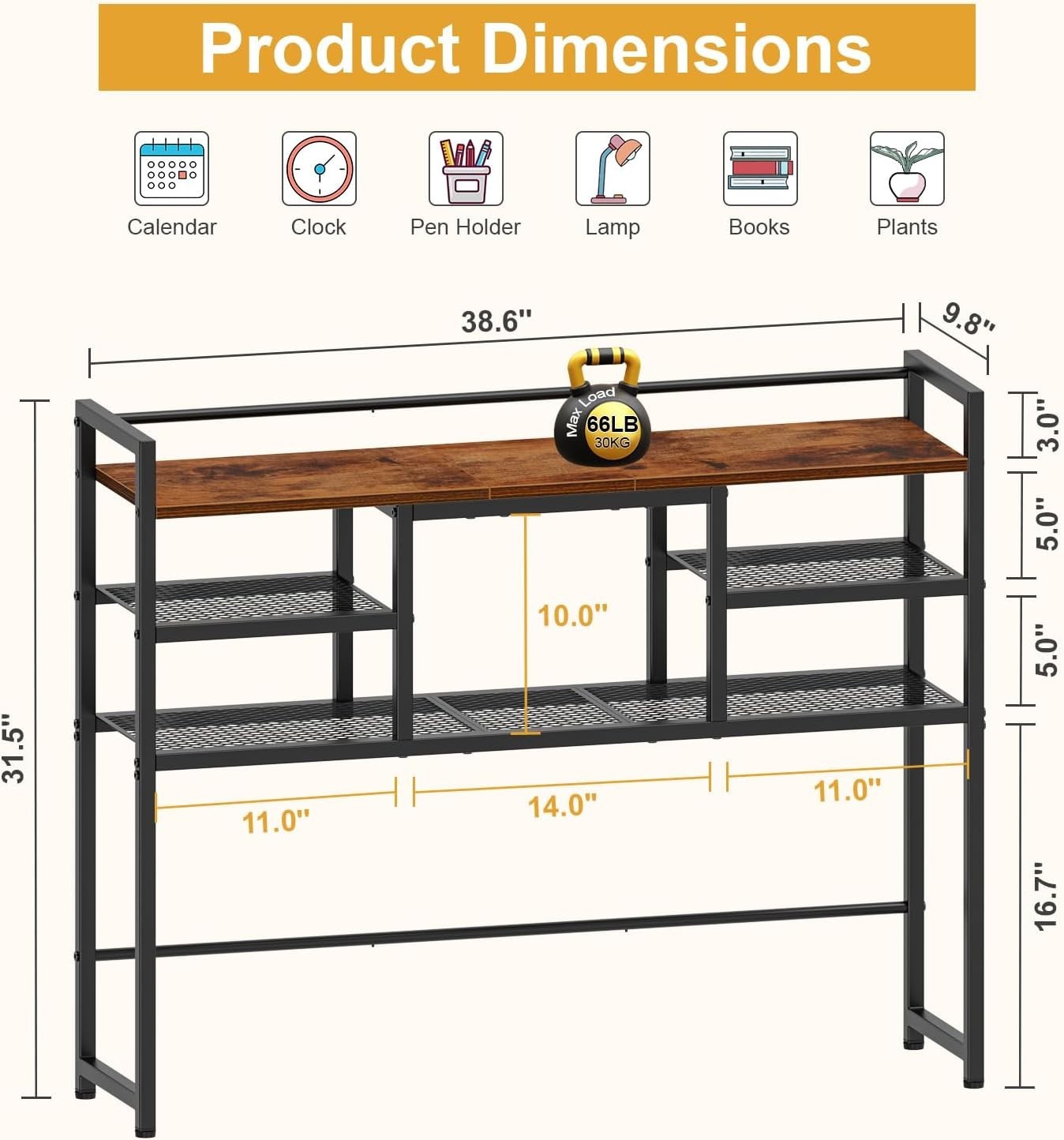 Rustic Desk Hutch Shelf 5-Tier 38.6" Desktop Bookshelf Organizer Storage Rack