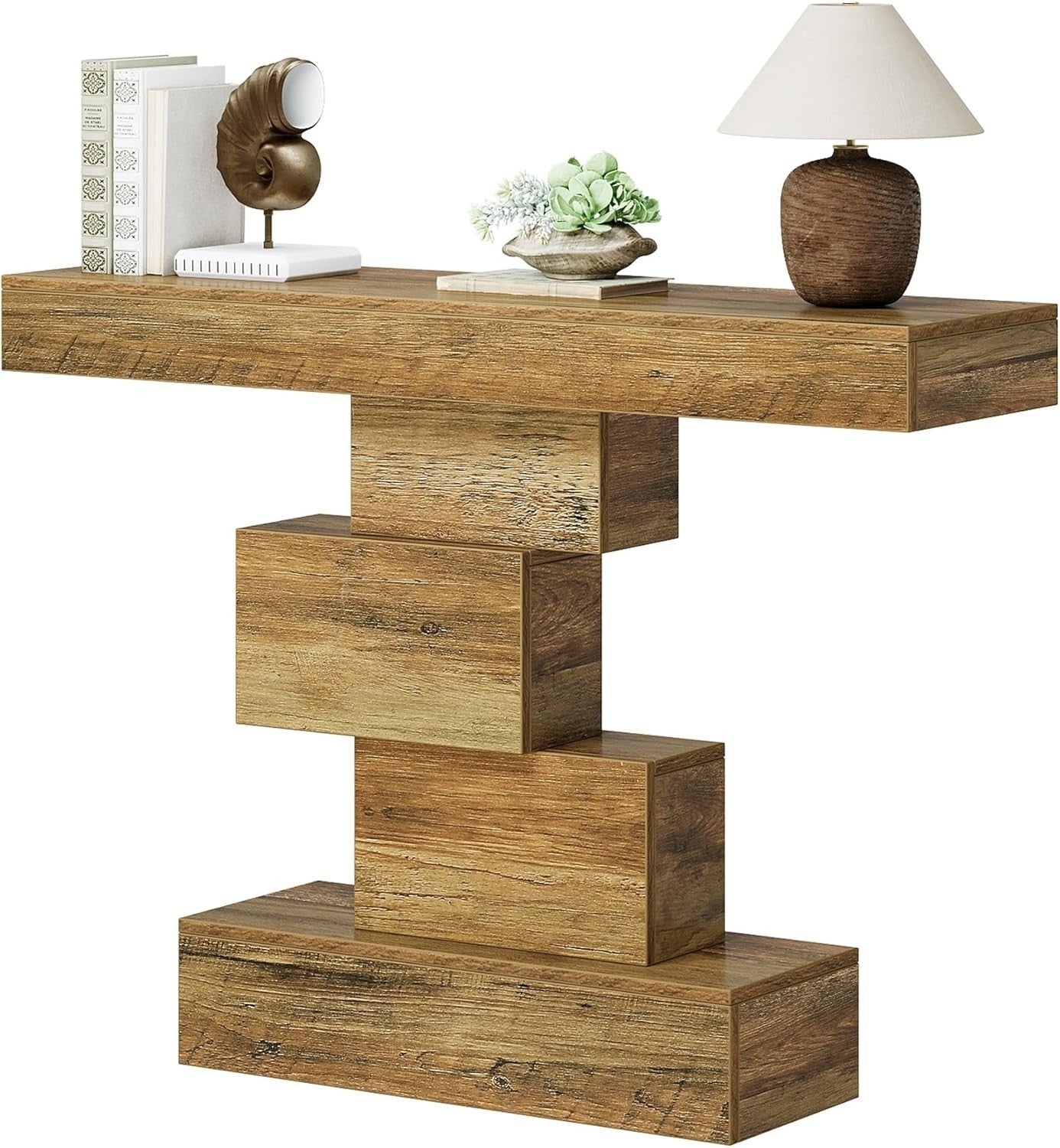 Rustic Oak Console Table with Geometric Base, Slim 108cm Sofa Hallway Table