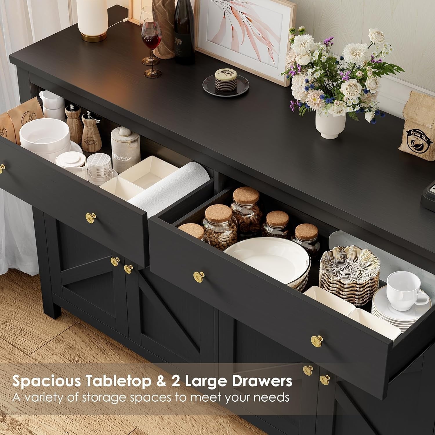 Large Black Kitchen Sideboard 4 Doors 2 Drawers Adjustable Shelves Storage