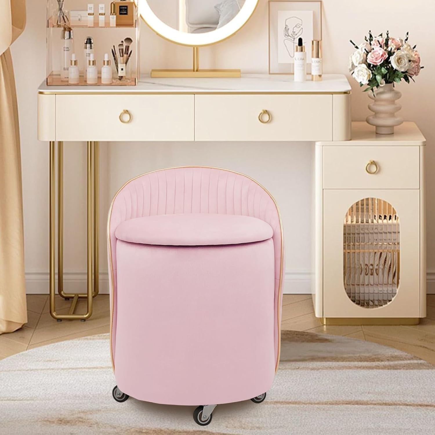 Pink Velvet Storage Ottoman Swivel Stool with Backrest & Wheels 37cm