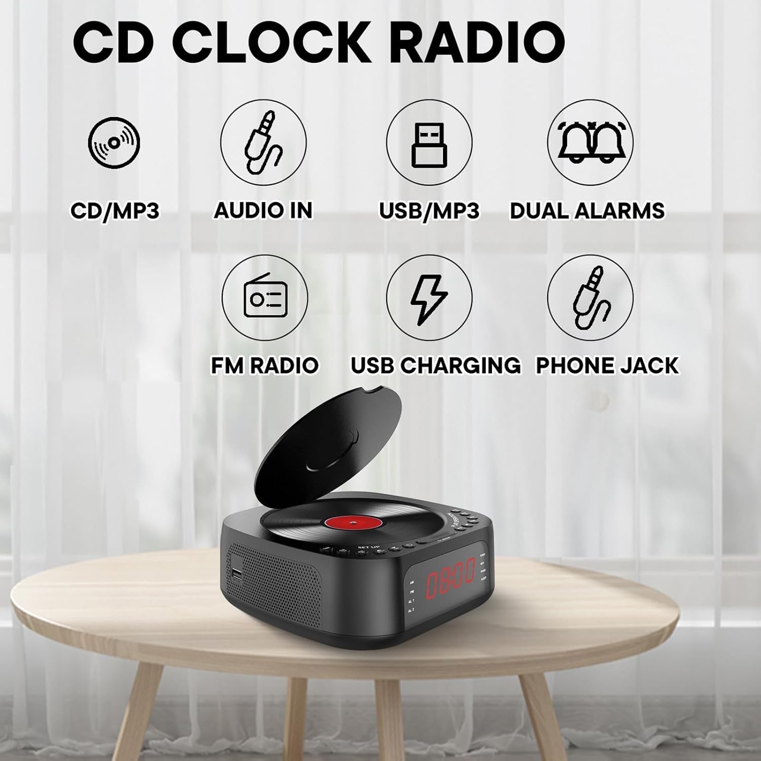 CD Player Alarm Clock Bluetooth FM Radio Remote Dual Alarm Dimmable Display