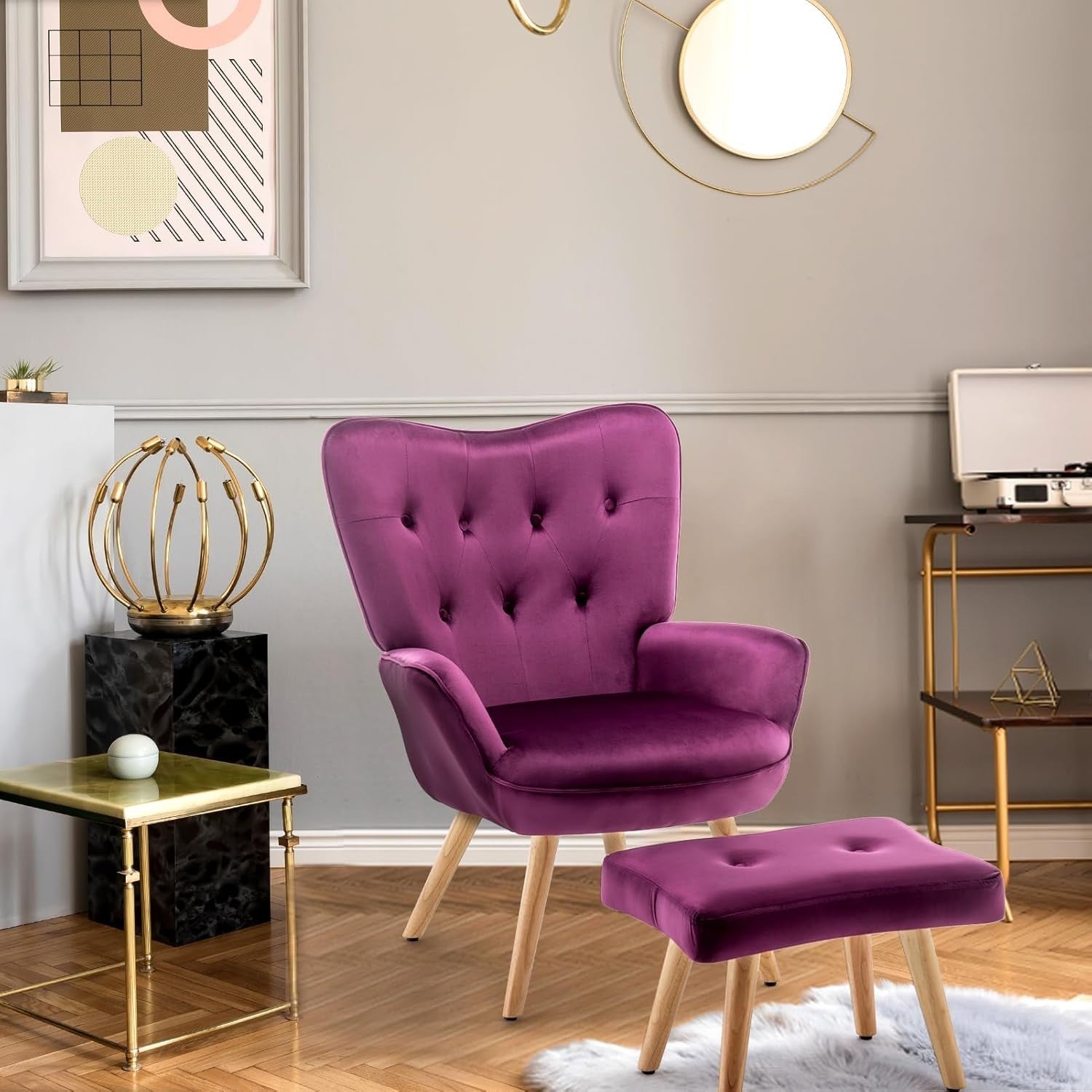 Purple Velvet Armchair with Footstool, Comfy Reading Lounge Chair Set