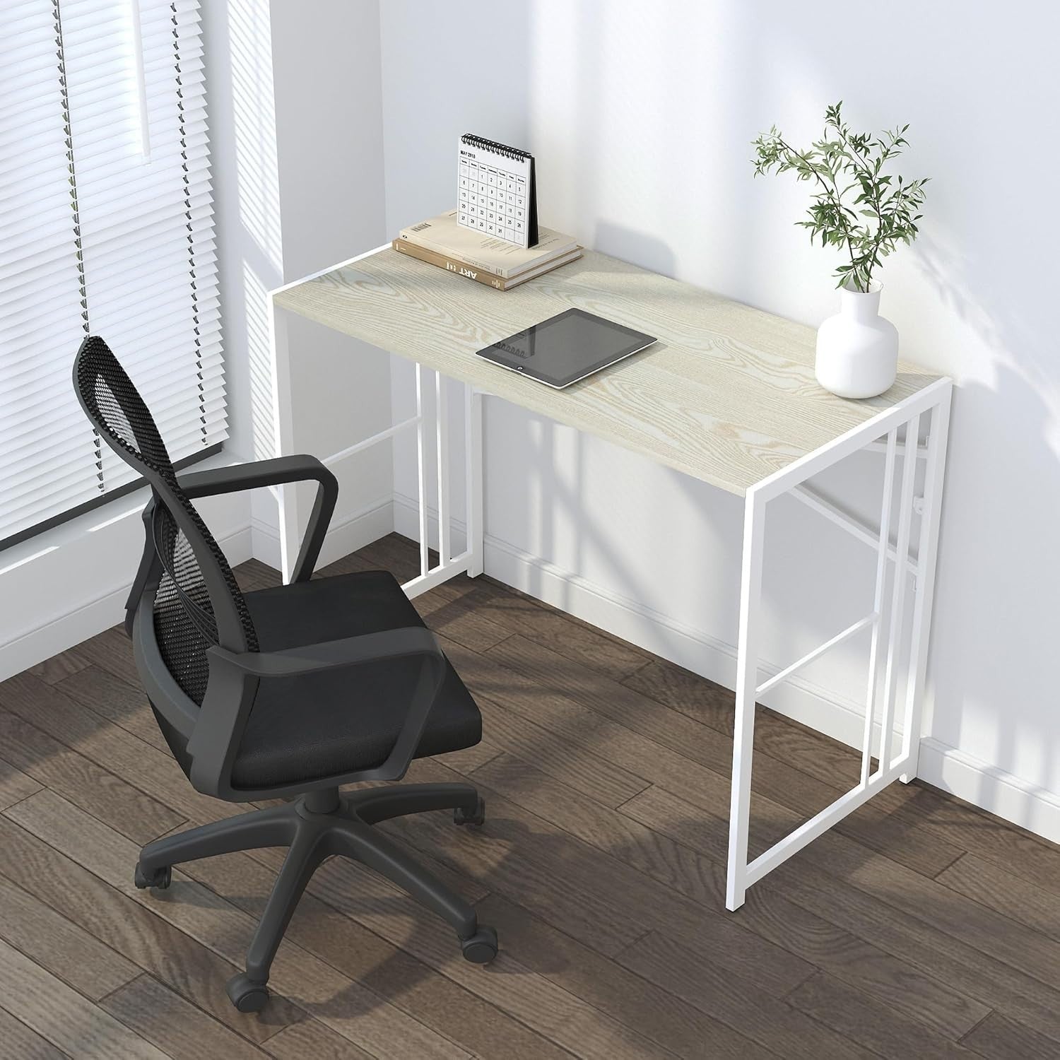 Folding Desk 103cm Natural & White Compact No Assembly Home Office Table