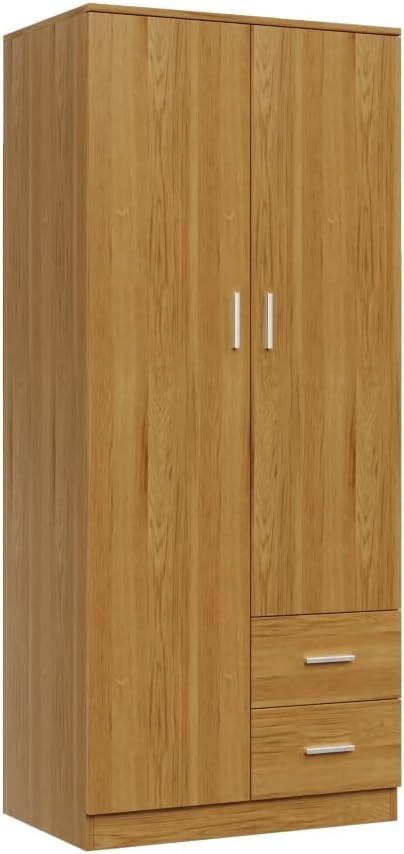 Wooden 2 Door Wardrobe with 2 Drawers Bedroom Storage Closet Unit