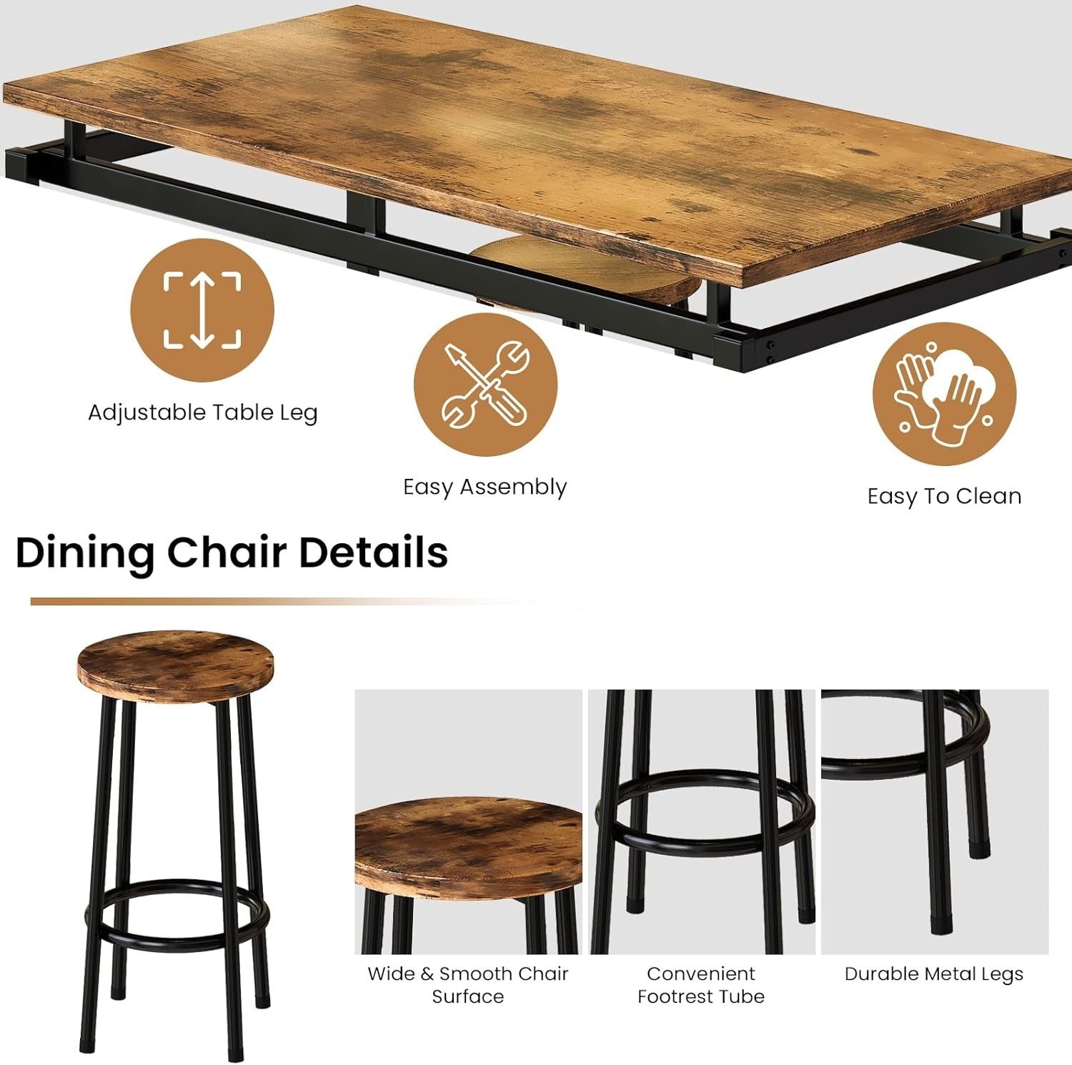 Rustic Brown 5-Piece Counter Height Dining Table Set with 4 Stools Space Saving