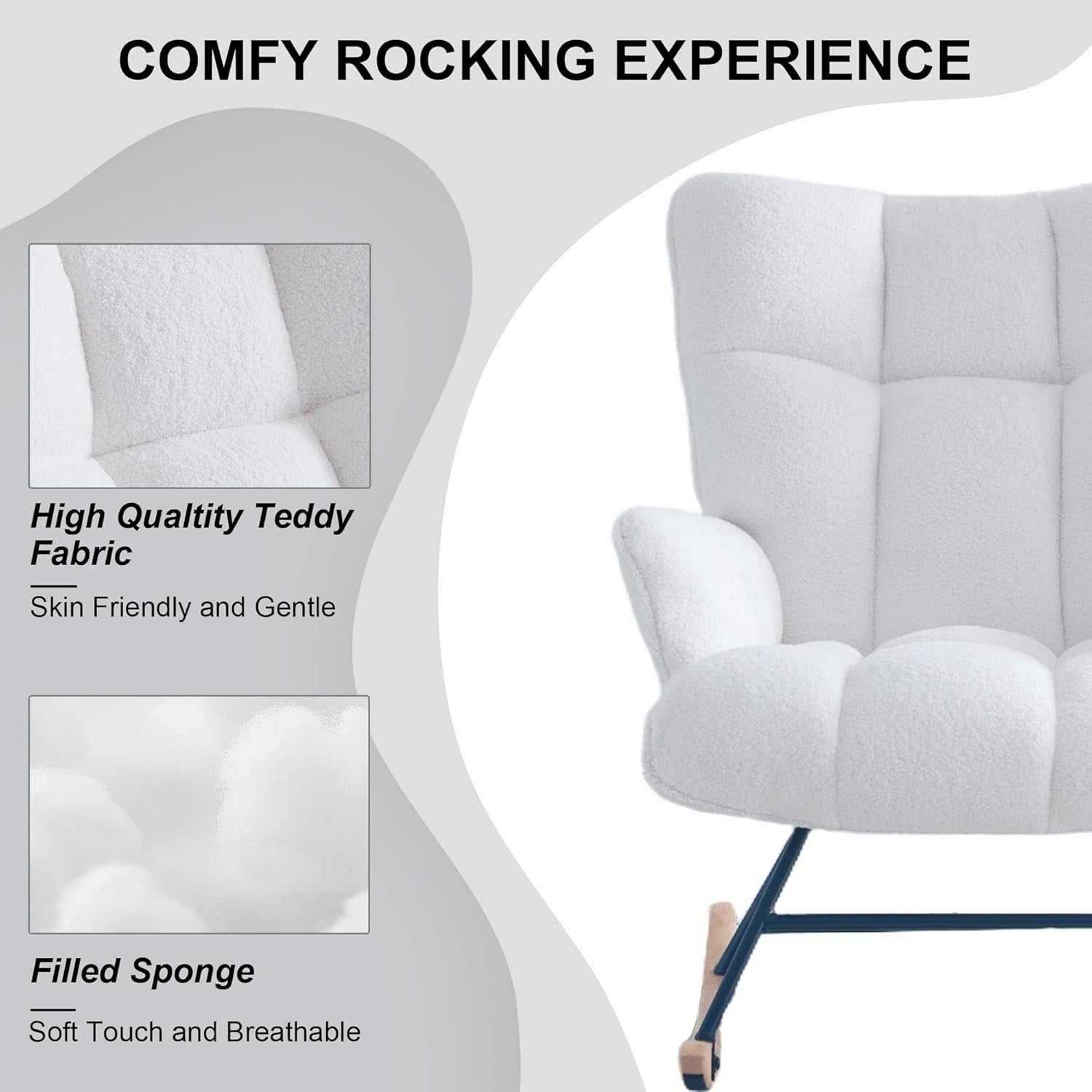 Rocking Chair Nursery Glider Comfy Armchair High Back Padded Seat White Teddy