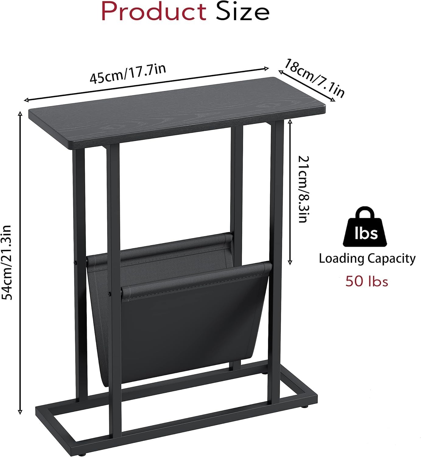Narrow Black Side Table with Storage Bag Slim Sofa Bedside Small Space 18x45x54