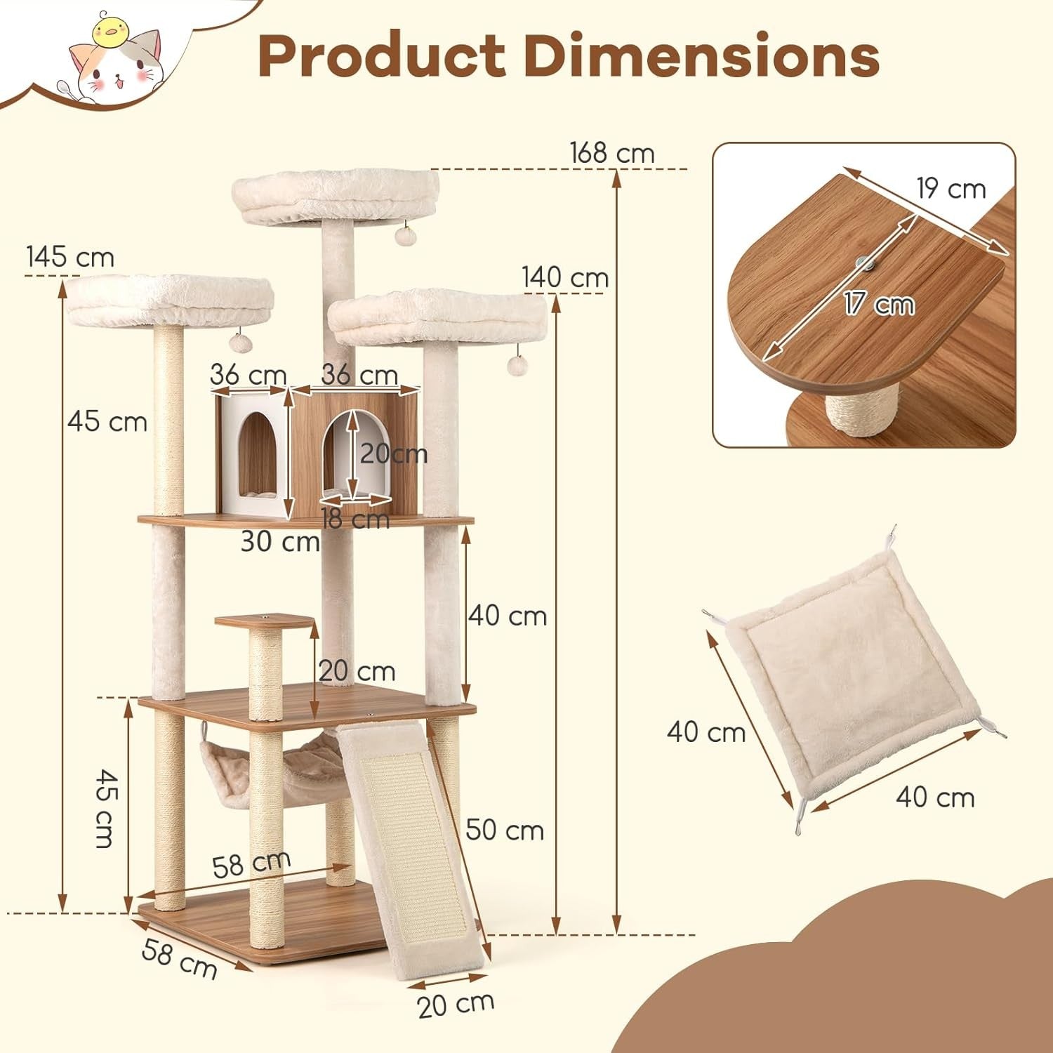 Luxury Wooden Cat Tree 168cm Multi Level Scratching Tower with Hammock Condo