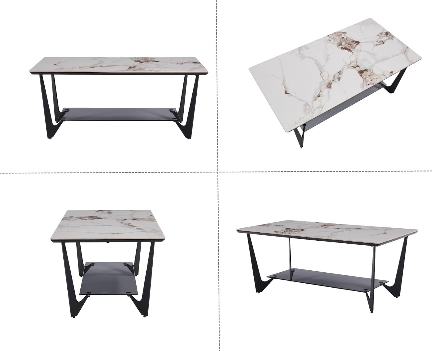 Modern Marble Effect Coffee Table with Glass Shelf & Metal Legs – 110x60cm