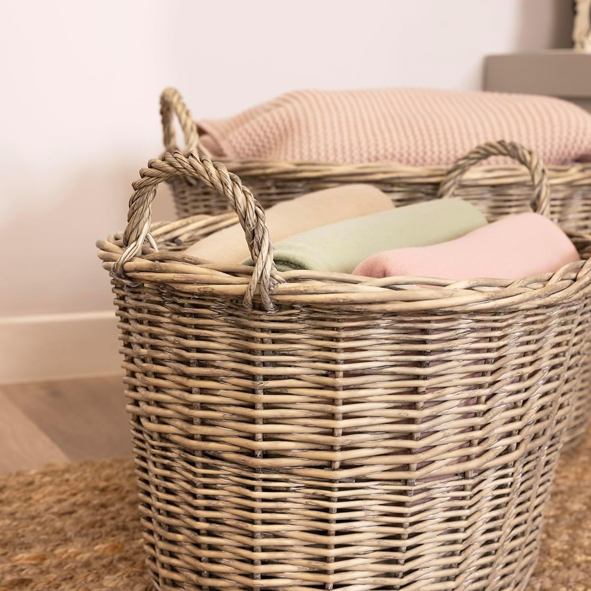 Oval Wicker Log Basket Set, Nesting Storage Baskets with Carry Handles, Durable