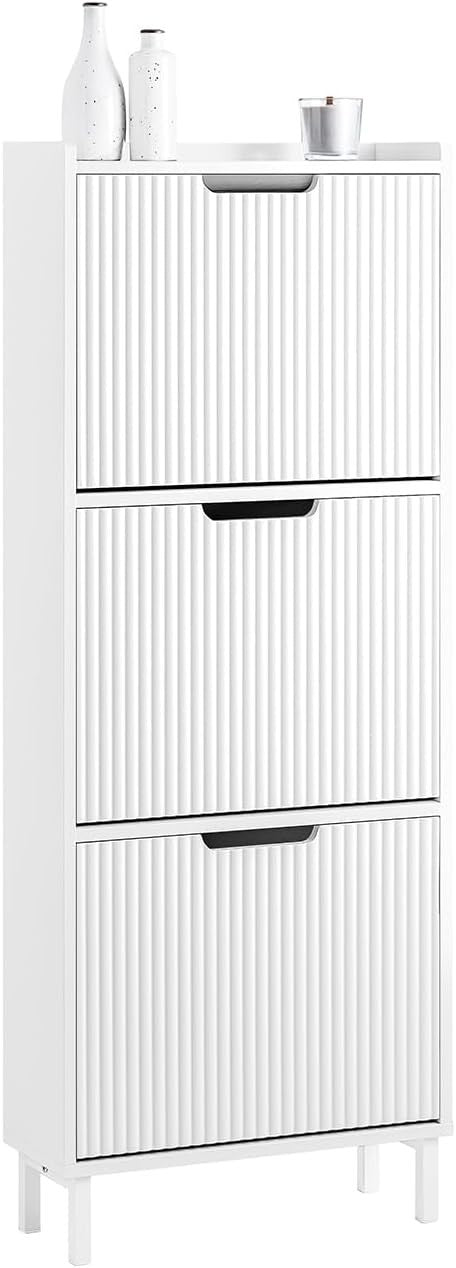 White Slim Shoe Cabinet 3 Flip Drawers Narrow Hallway Storage 19cm Deep