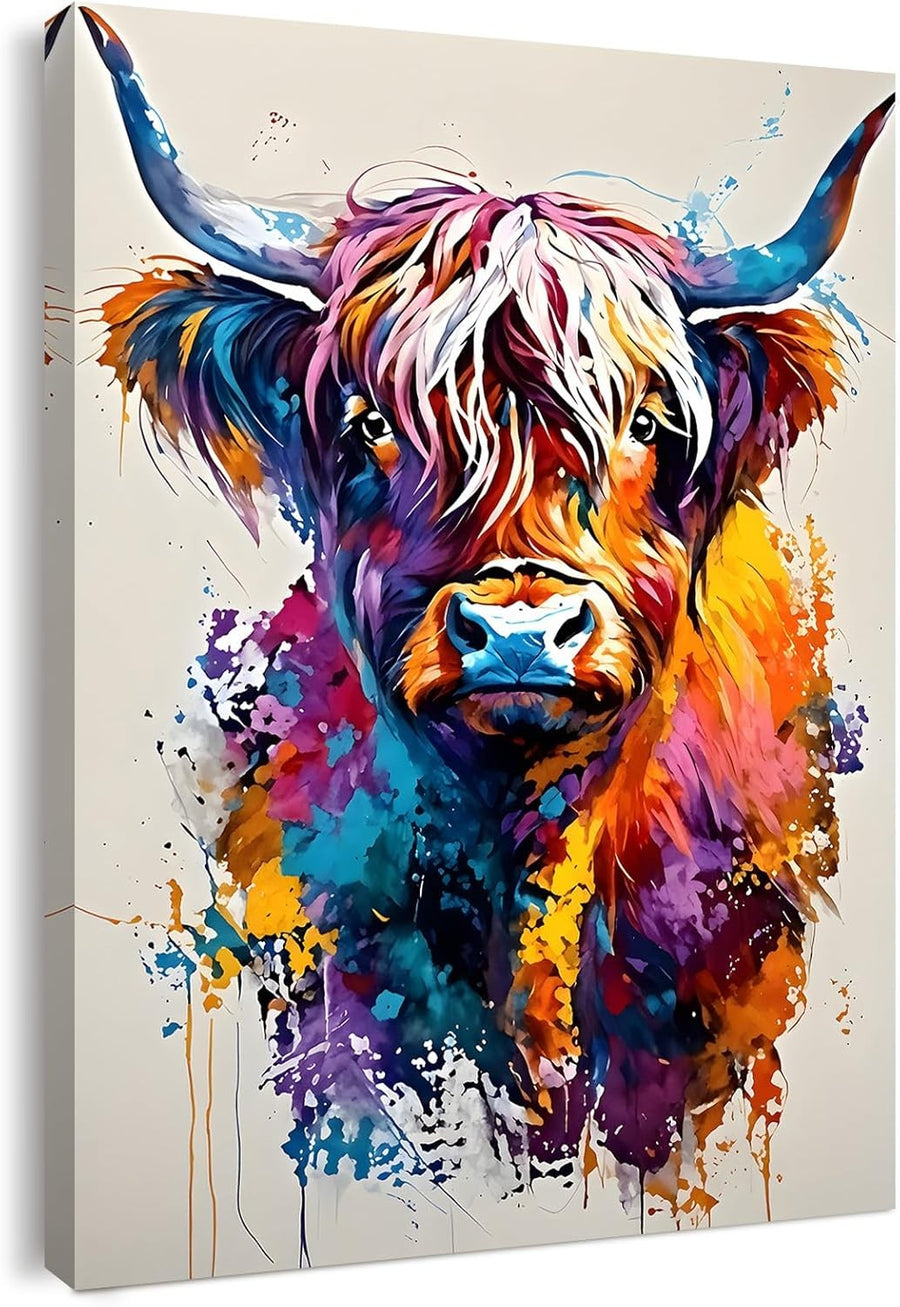 Colourful Highland Cow Canvas Wall Art 12x16in Framed Print