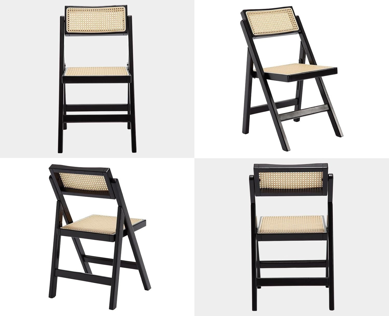 Black Folding Rattan Dining Chairs Set of 2 Wooden Frame Compact Seating