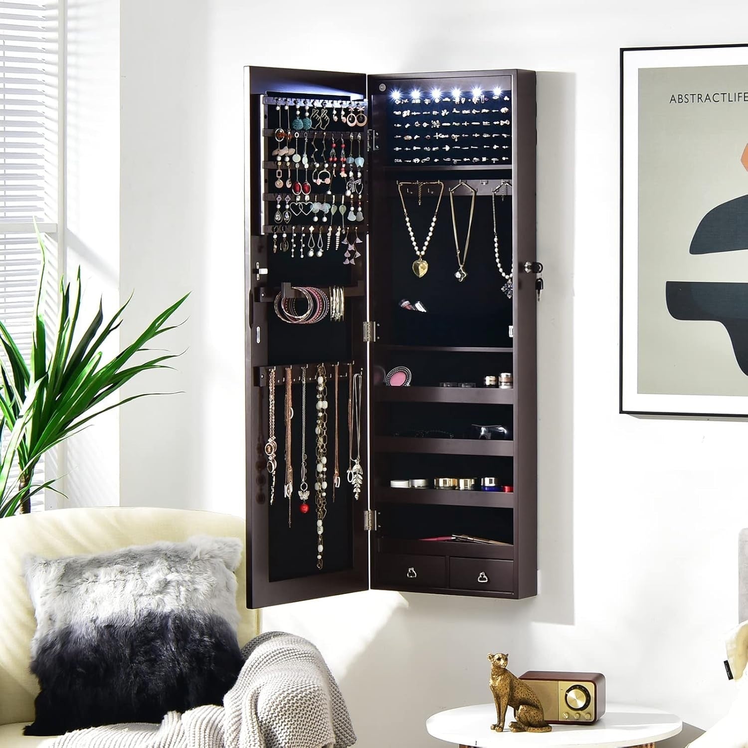 Brown LED Jewelry Armoire Wall Door Mounted Lockable Full Length Mirror