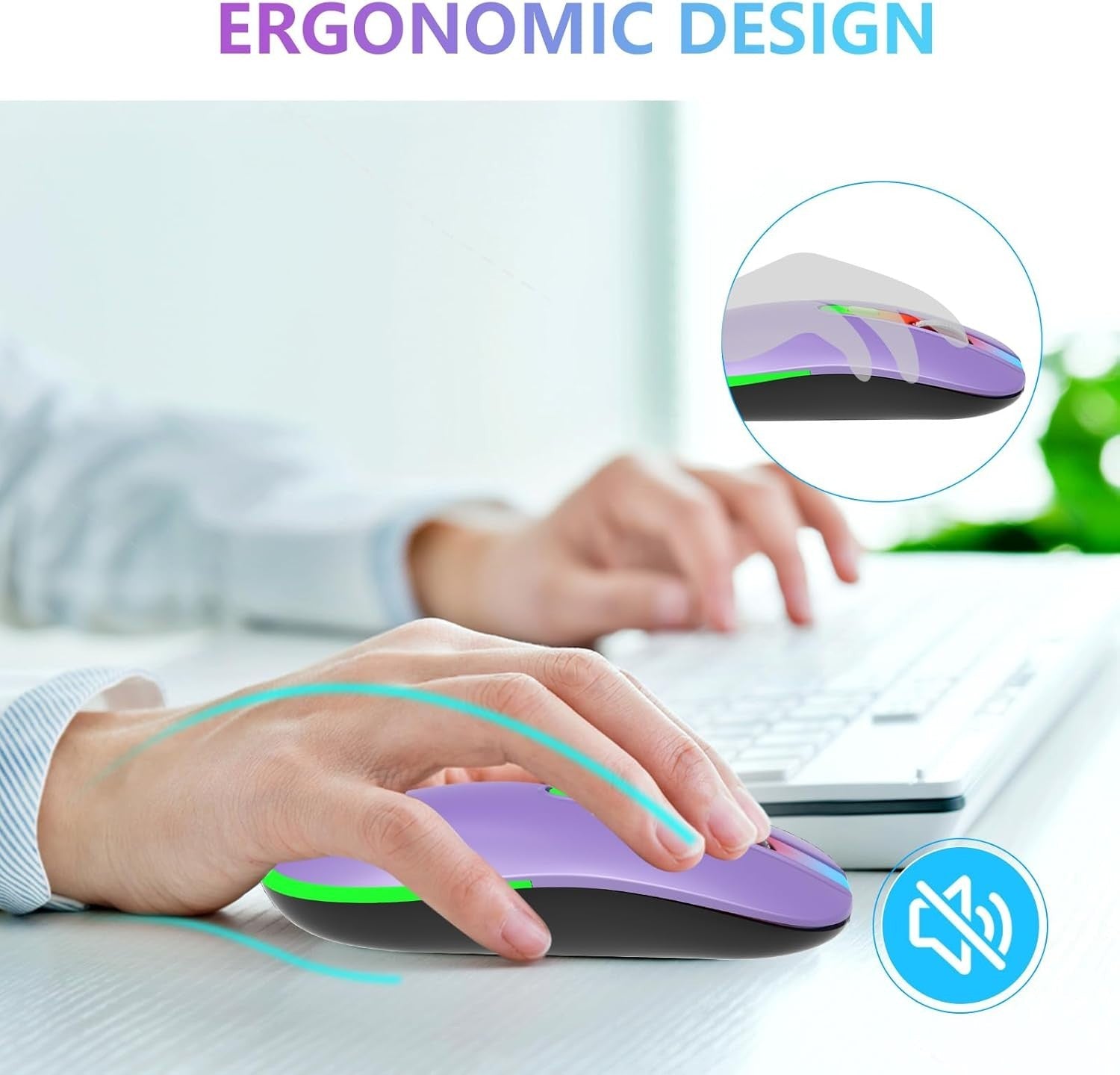 Purple RGB Wireless Mouse Bluetooth 1600 DPI Rechargeable