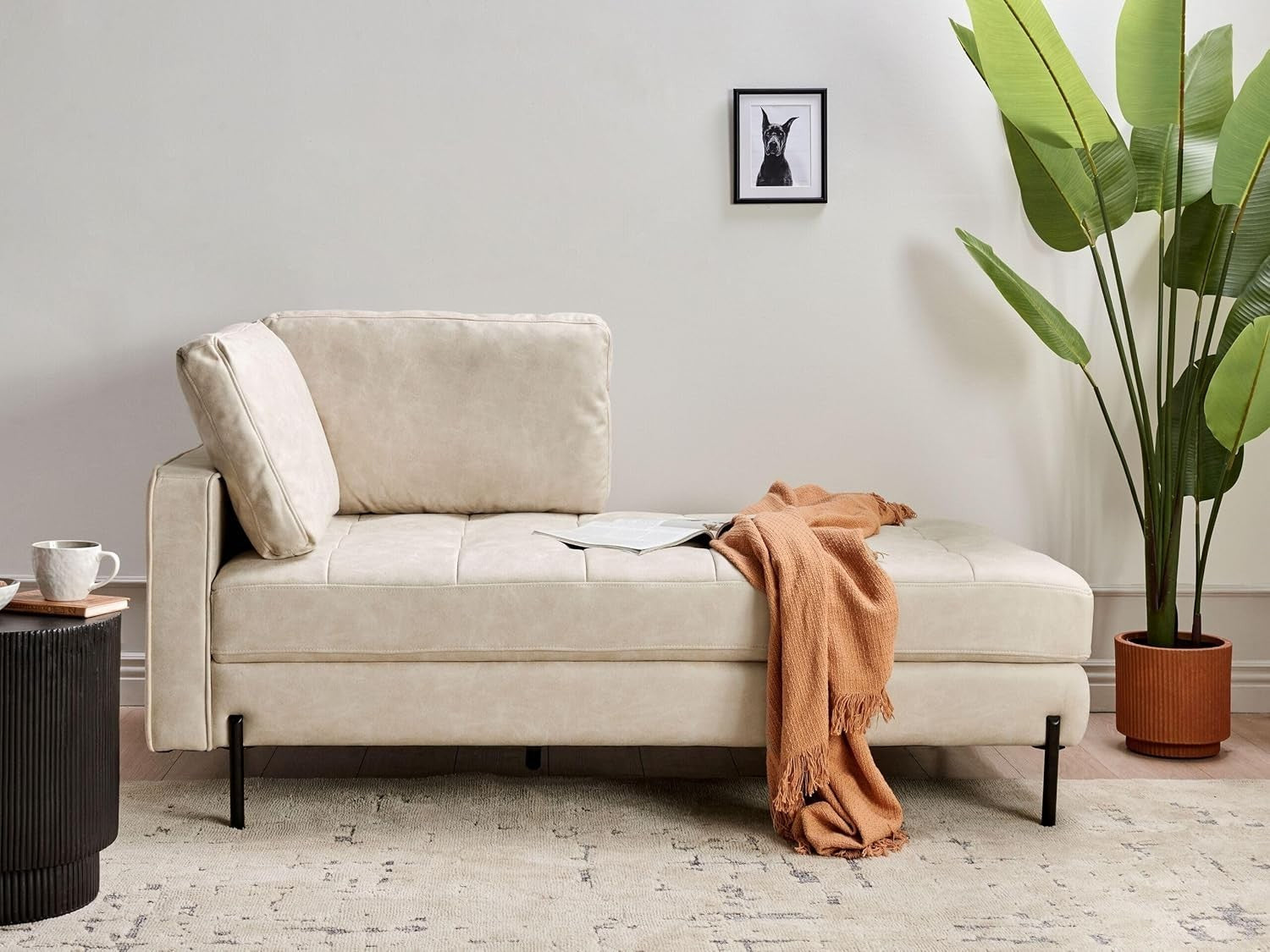 Modern Tufted Faux Leather Chaise Lounge Light Beige Metal Legs Comfort
