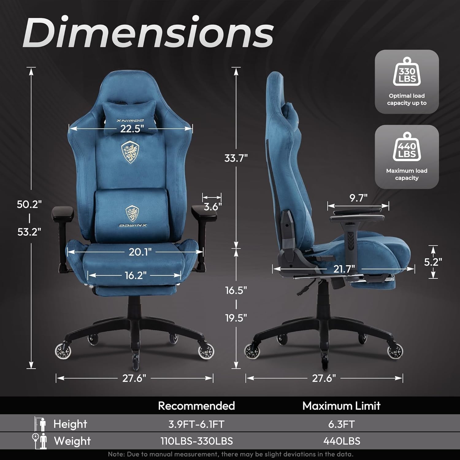 Big & Tall Gaming Chair 160° Recline Footrest Massage Blue