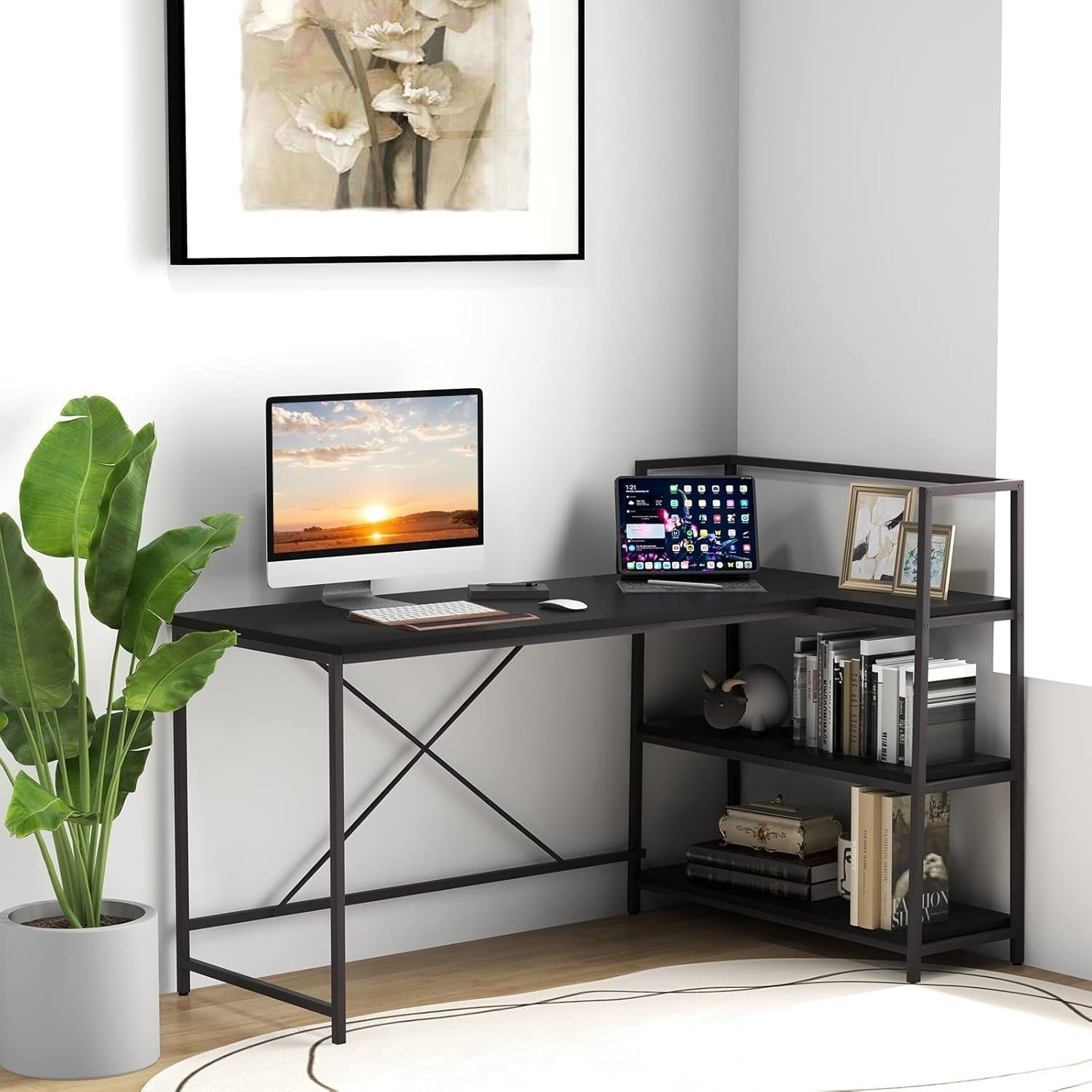 Modern Black L-Shaped Computer Desk with Reversible Shelves & Metal Frame