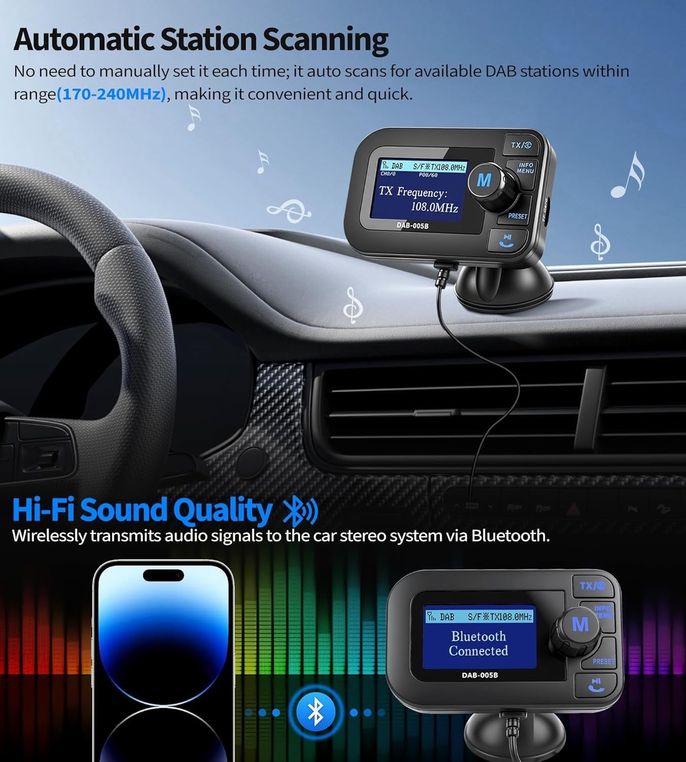 Car DAB/DAB+ Radio Adapter FM Transmitter w/ Bluetooth, AUX & USB