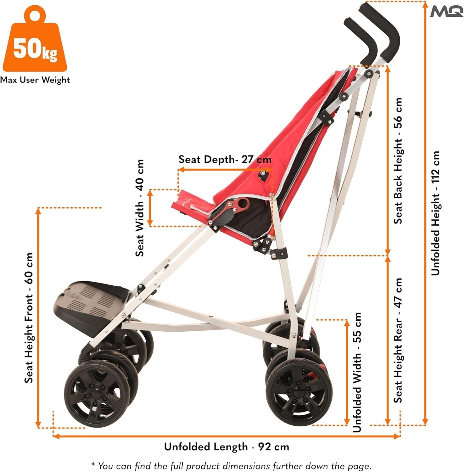 XL Disability Pushchair Special Needs Stroller 50kg Lightweight Red