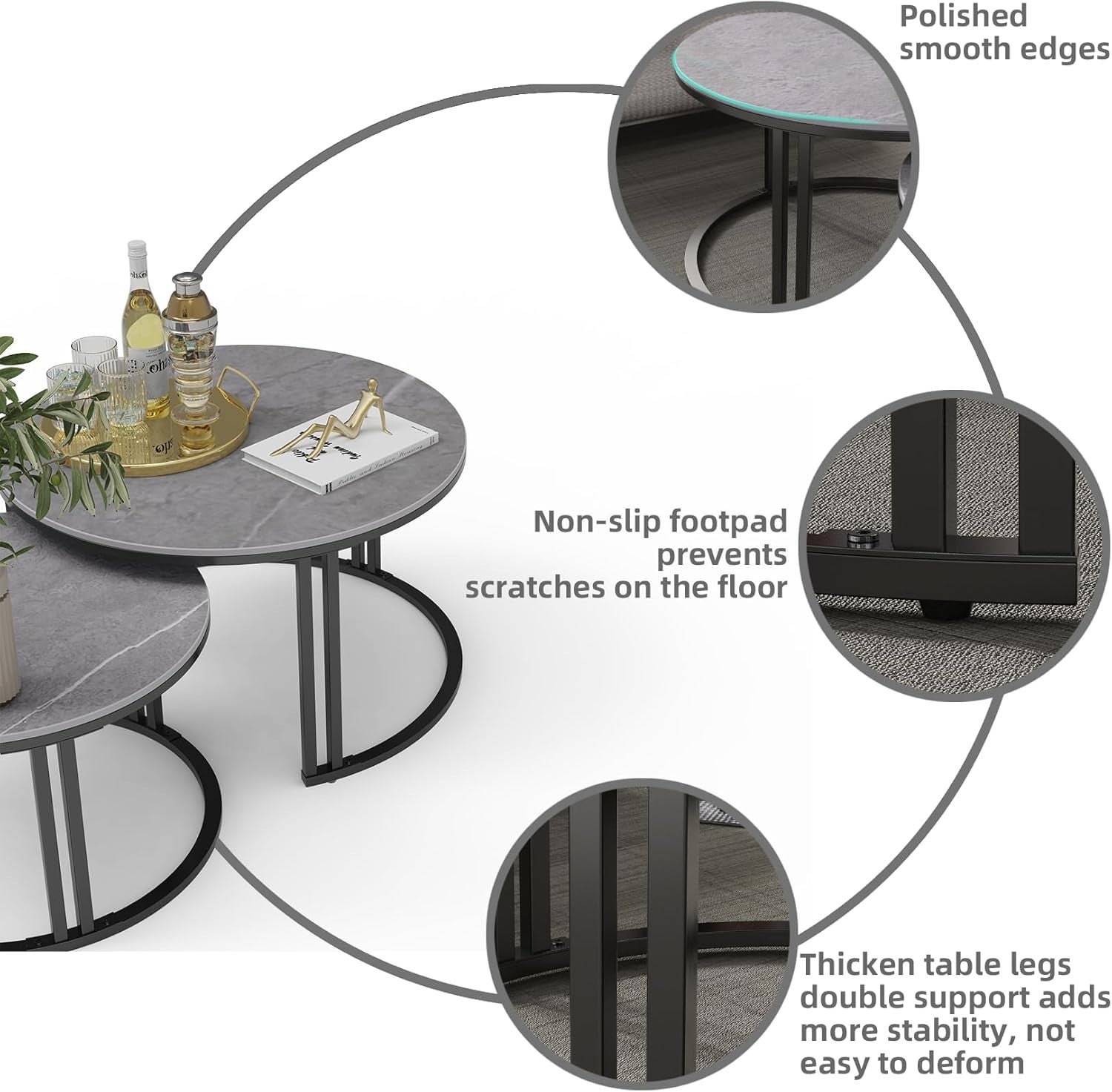 Space Saving Nesting Coffee Table Set 2 Round Marble Stone Metal Living Room