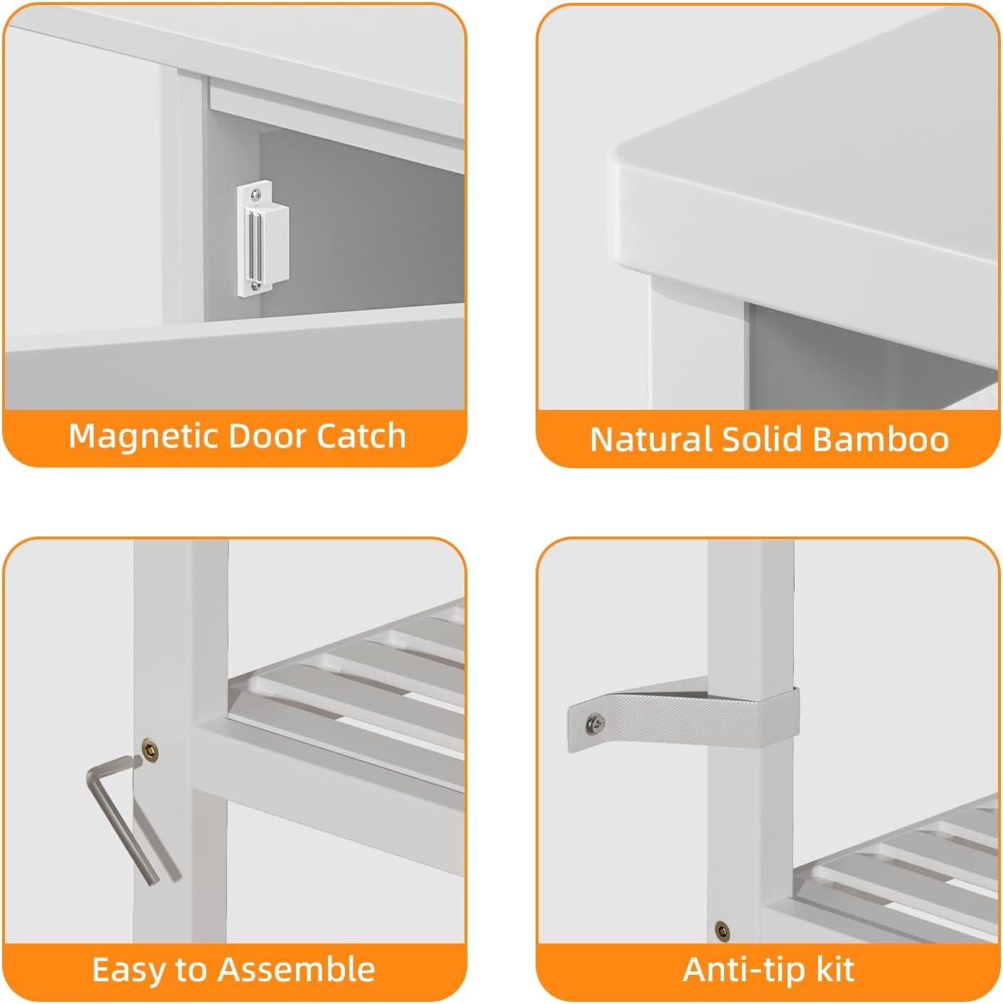 White Bamboo Storage Cabinet with Shelves Modern Cupboard 63x33x87cm