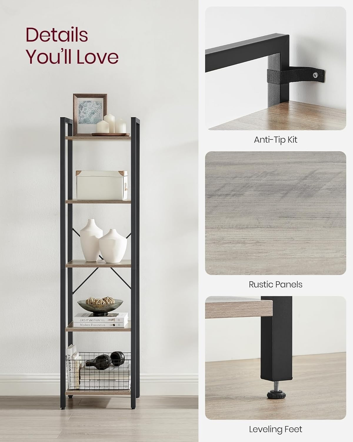 5-Tier Heather Greige Industrial Bookcase – Tall Narrow Storage Shelf Unit