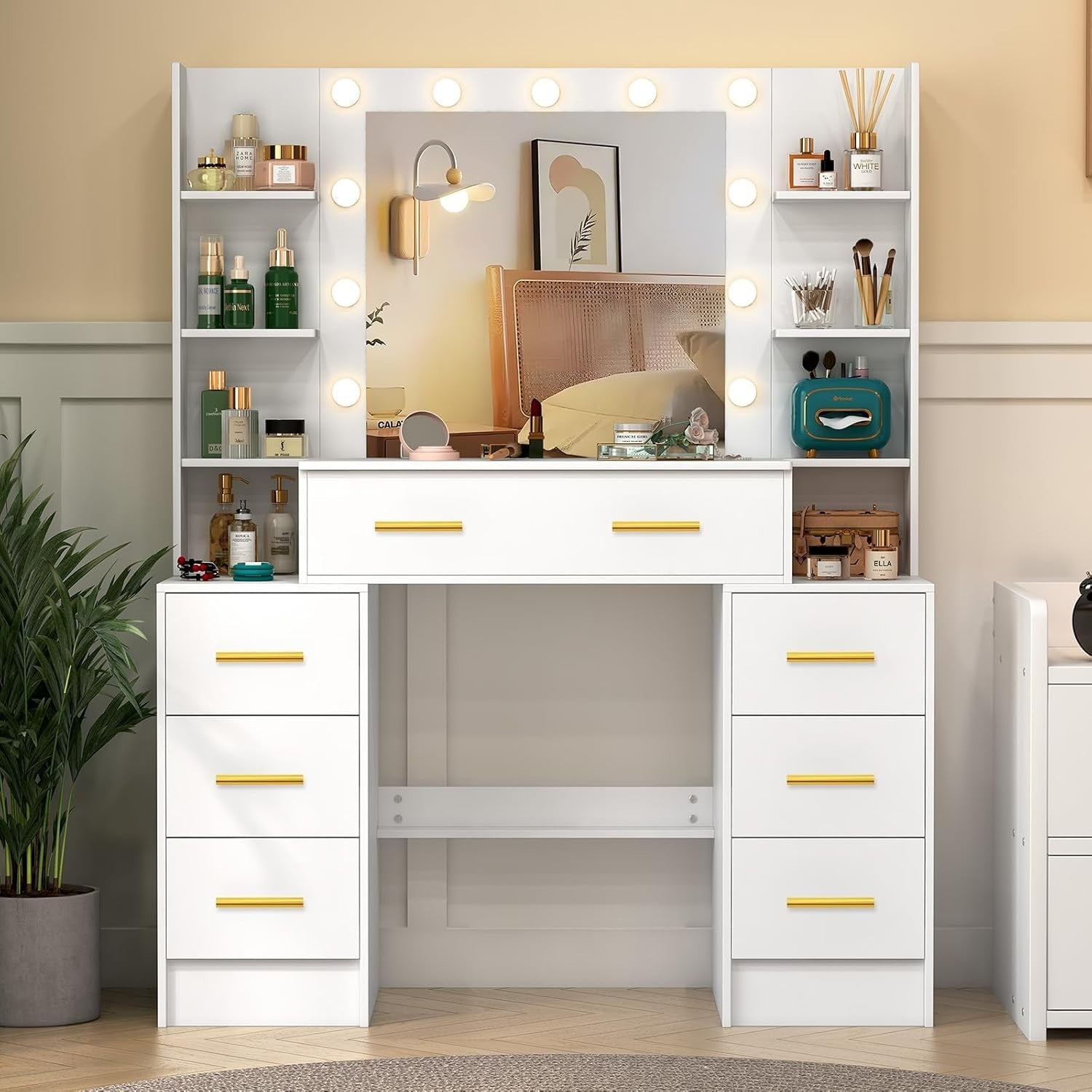 Modern Vanity Desk w/Lighted Hollywood Mirror 8-Drawer Makeup Table White