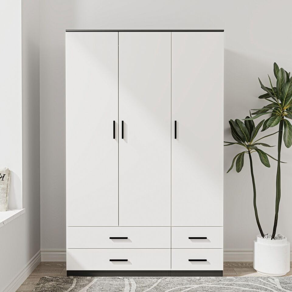 3 Door 4 Drawer Wardrobe Hanging Rail Bedroom Storage Black & White Unit