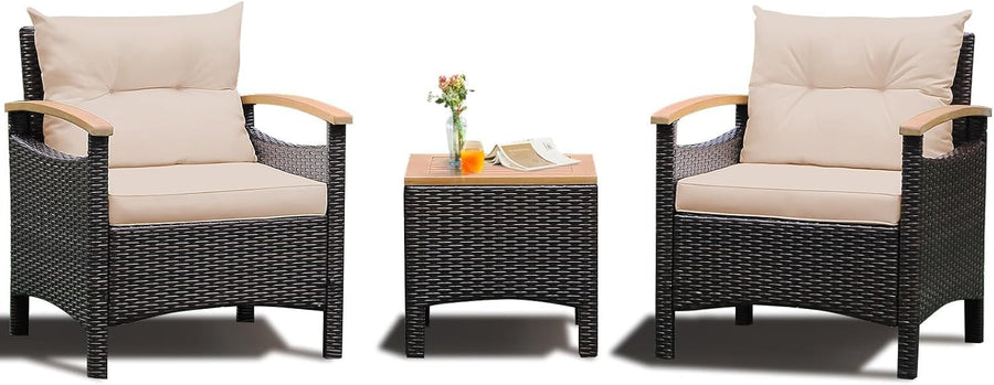 Rattan Garden Conversation Set Cushioned Armchairs Acacia Top Coffee Table